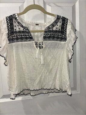 Free People White Peasant Top with Black Embroidery
